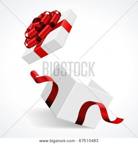 Open gift box and with red bow and ribbon vector template isolated on white background 