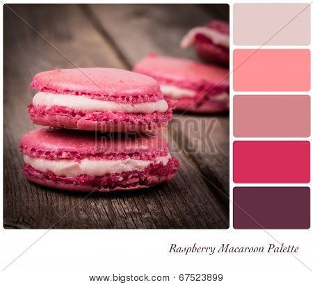 A stack of raspberry macaroon, vintage style over old wooden table,, in a colour palette with complimentary colour swatches