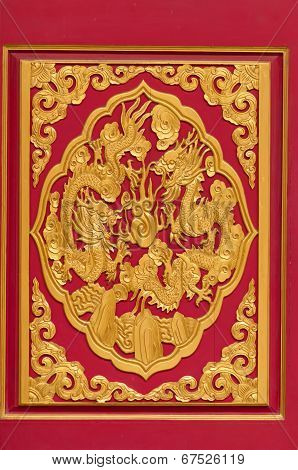 Wooden Door Golden Dragon In Chinese Temple In Thailand