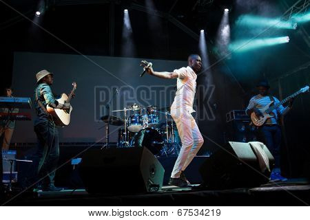 LOULE - JUNE 26: Debademba, traditional band from Mali, performs on stage at festival med, a world music festival, in Loule, Portugal, June 26, 2014 