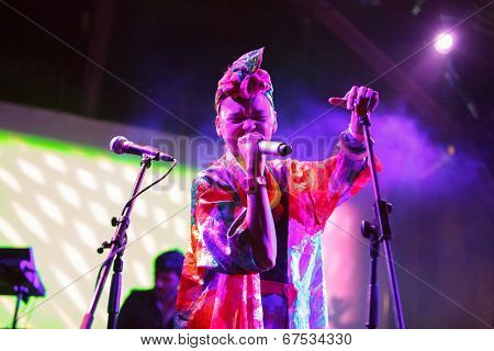 LOULE - JUNE 26: Bomba Estereo an eletronic dance music band from Colombia, performs on stage at festival med, a world music festival, in Loule, Portugal, June 26, 2014  