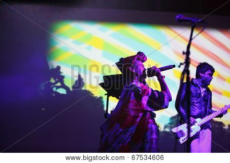 LOULE - JUNE 26: Bomba Estereo an eletronic dance music band from Colombia, performs on stage at festival med, a world music festival, in Loule, Portugal, June 26, 2014  