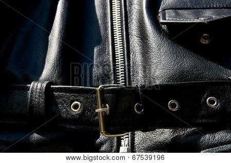 Black Leather Biker Jacket Belt Zipper And Pocket