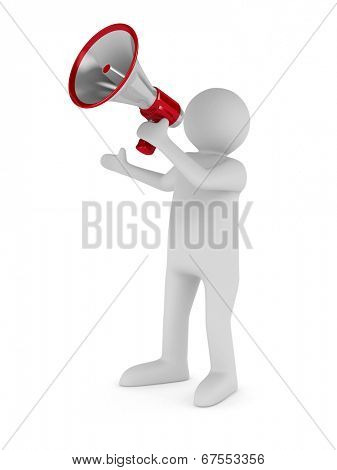 orator speaks in megaphone. Isolated 3D image