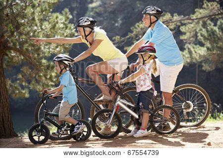 Senior couple with grandchildren on country bike ride