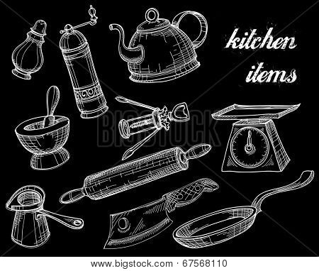 Kitchen tools collection, white over black doodles