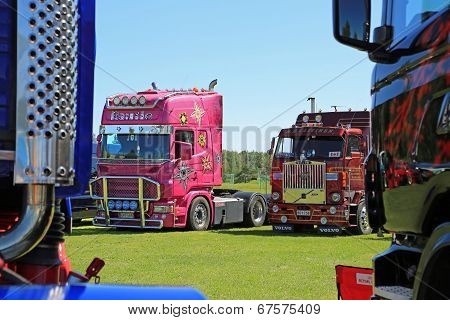 Pink Scania And Volvo F88 Vintage Truck In A Show