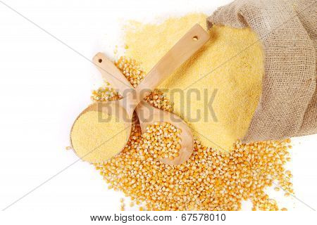 Canvas bag with cornmeal.