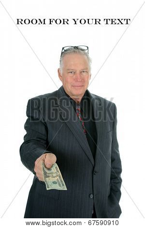 A Handsome and Friendly Father or Business Man holds out money as if he is going to give you your allowance, financial loan or gift of spending money. Dads around the world Lovingly give money freely.