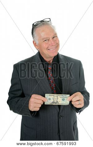 A Handsome and Friendly Father or Business Man holds out money as if he is going to give you your allowance, financial loan or gift of spending money. Dads around the world Lovingly give money freely.