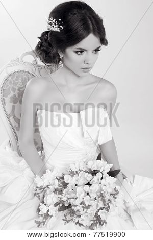 Beautiful Girl Wearing a Modern Wedding Dress. Black And White Photo.