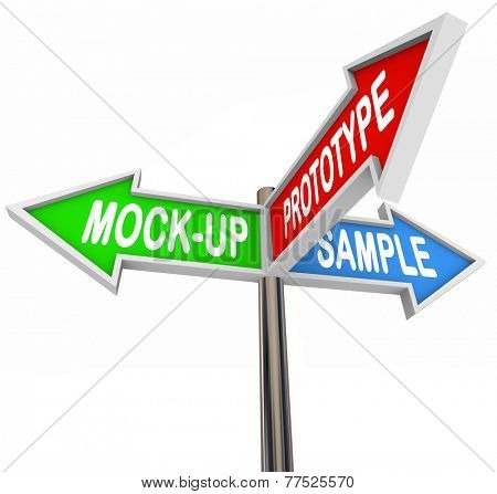 Prototype Mock-up and Sample words on 3 arrow direction signs to illustrate a new product concept 