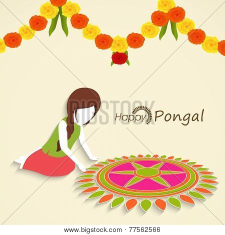 Little girl making floral design called rangoli with colorful flowers decoration for South Indian harvesting festival, Happy Pongal celebrations.