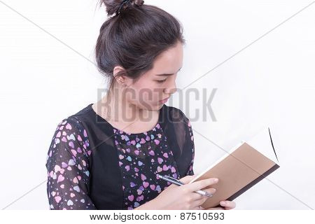 Portrait Business Woman Taking Notebook On White Background