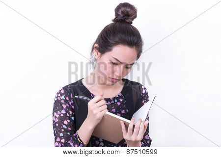 Portrait Business Woman Taking Notebook On White Background