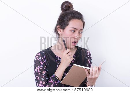 Portrait Business Woman Taking Notebook On White Background