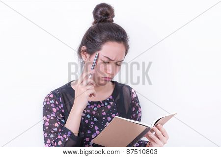 Portrait Business Woman Taking Notebook On White Background