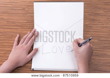 Female Hand Writing In Notebook On Table