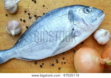 Uncooked fish dorado with garlic and onion