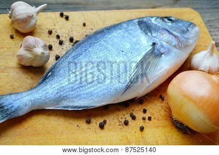 Uncooked fish dorado with garlic and onion
