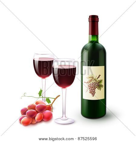 Red Wine Bottle Glasses And Grapes