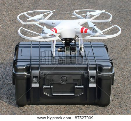 PILSEN CZECH REPUBLIC - MARCH 17, 2015: Drone quadrocopter Dji Phantom 2 with digital camera GoPro HERO4 Black edition. New tool for aerial photo and video.
