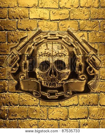 Skull, Golden Guns And Chain On A Background Of Golden Brick Wall