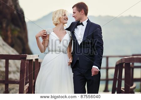 Wedding Couple Walking On The Bridge In The Mountains