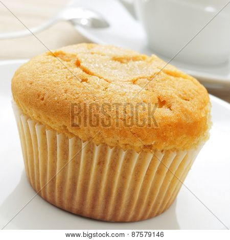 closeup of a magdalena, the typical spanish plain muffin, in a white plate on a set table with a cup of coffee or te in the background