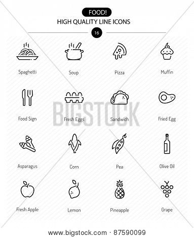 Food Icons Line Series two: line food icons including sweet, pizza, vegetables and fruits