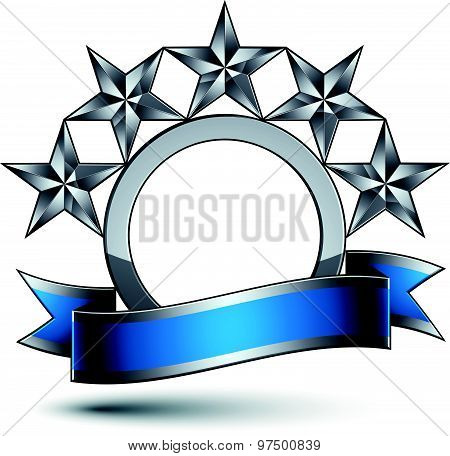 Heraldic vector template with five-pointed silver stars, 3d royal geometric medallion
