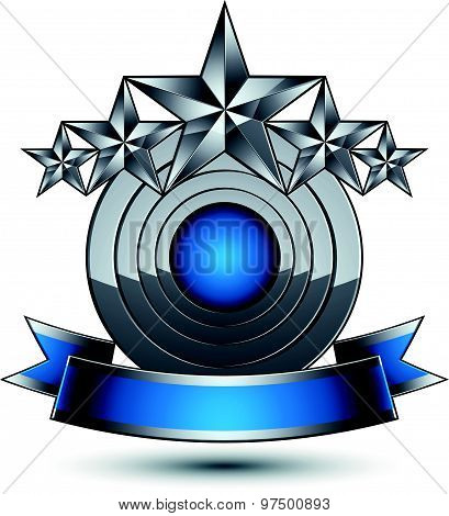 Silver geometric symbol with curvy ribbon, stylized silver pentagonal stars