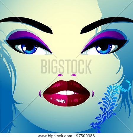Coquette woman eyes and lips, stylish makeup and hairdo. People facial emotions.