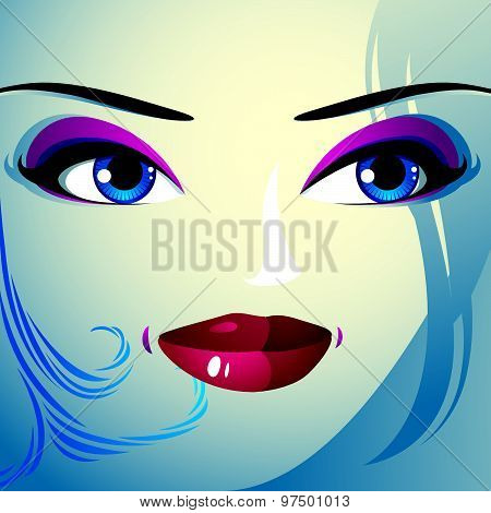 Coquette woman eyes and lips, stylish makeup and hairdo. People facial emotions.