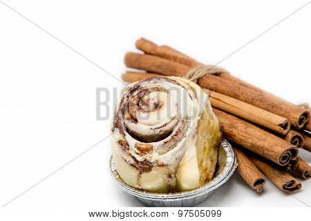 Mini Cinnamon Roll With Cinnamon Stick Roped Isolated