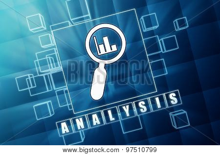 Analysis And Magnifier Symbol In Blue Glass Cubes