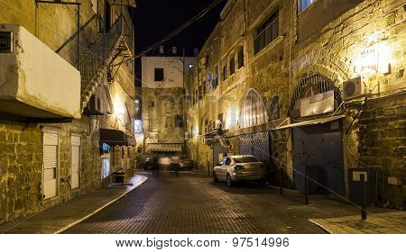 Streets Of Ancient City Of Akko At Night.