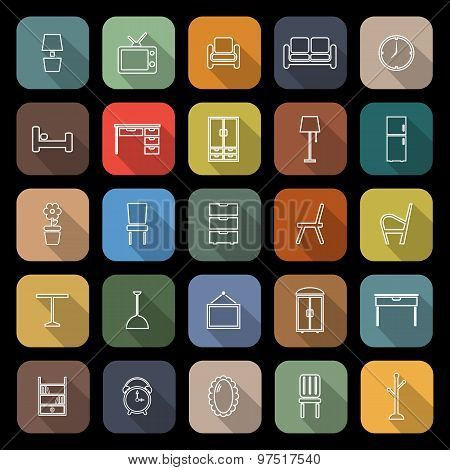 Furniture Line Flat Icons With Long Shadow
