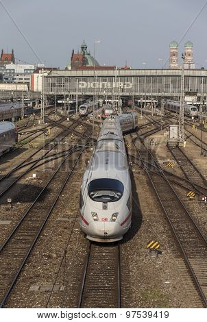 MUNICH, GERMANY - JULY 3, 2015: Central railway station in Munich with leaving ICE train picture was taken from the Hackerbruecke