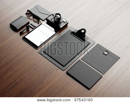 Set of classic elements on the brown background. 3d render