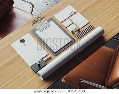 Set of vintage blanc elements on the natural wooden table. 3d render