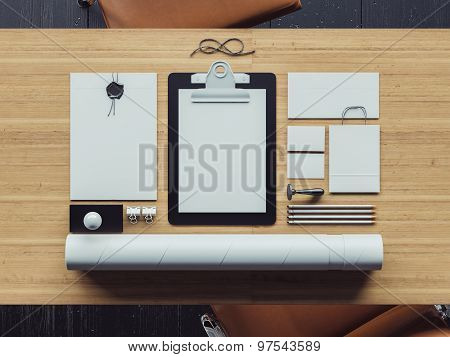 Set of classic elements on the workspace. 3d render