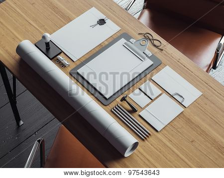 Set of classic white and blank elements on the workspace. 3d render
