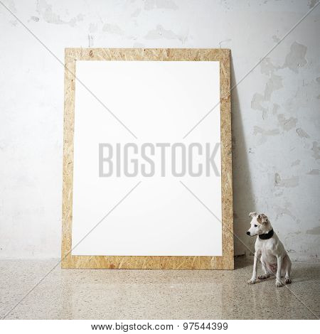 Blank white wooden natural frame and little dog