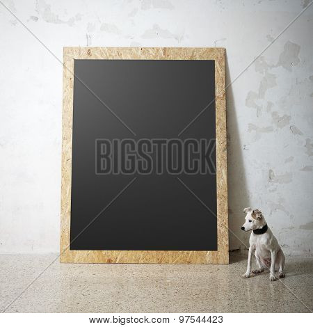 Blank black wooden natural frame and little dog