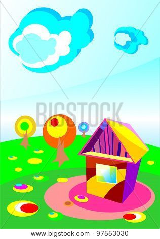 Toy house on the meadow with flowers