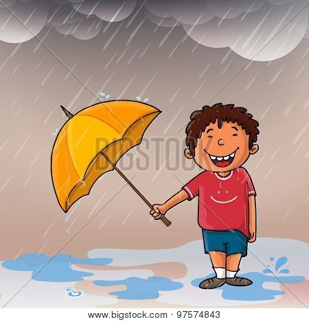 Cute smiling boy with umbrella enjoying in rains for Happy Monsoon concept.