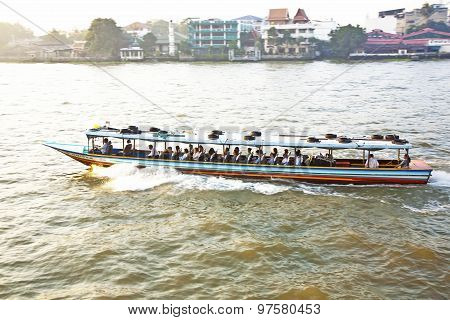 Transportation On The River In Bangkok In Sunrise In A Ferry