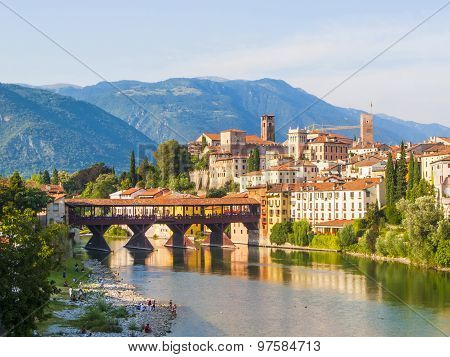 The Old Wooden Bridge Spans The River Brenta At The Romantic Village Basano Del Grappa