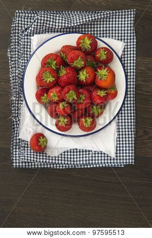 Fresh Juicy Strawberries On Vintage Enamelware Crockery On Rustic Background